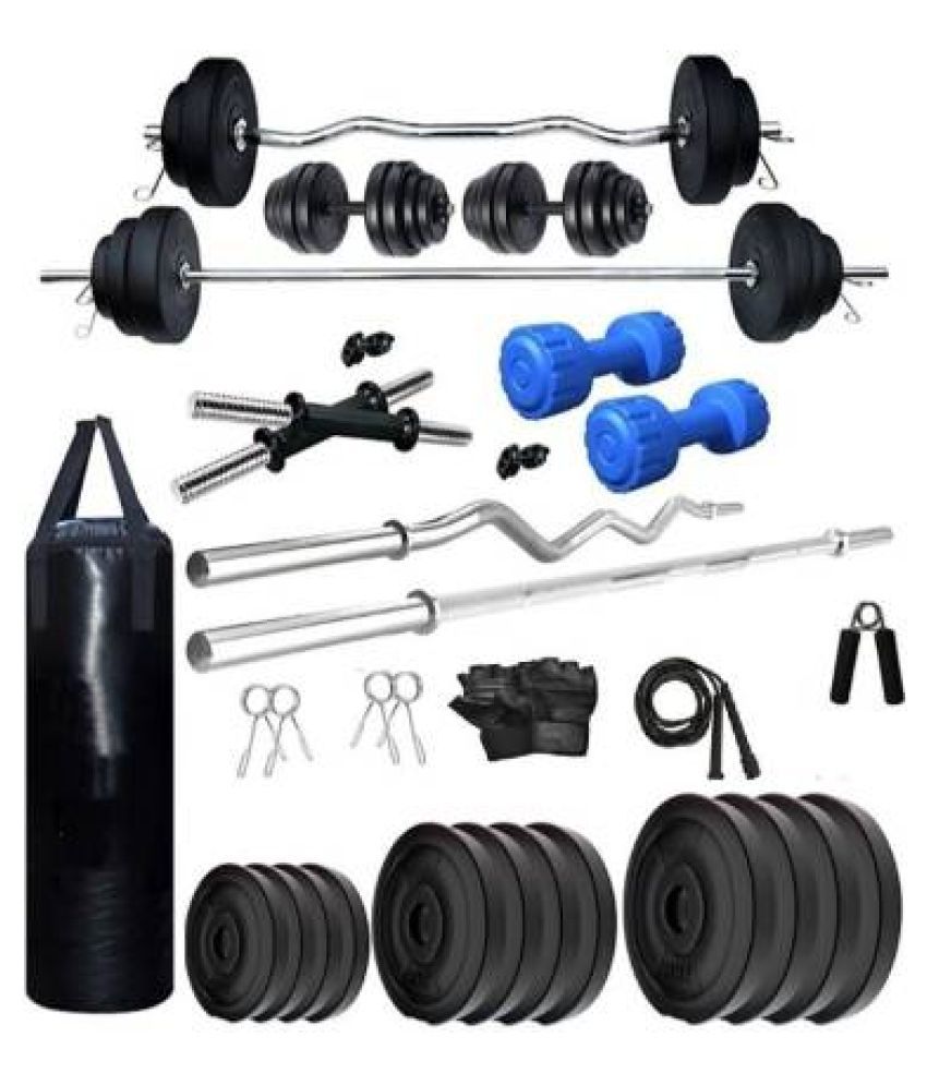 RIO PORT Home Gym Combo Of Rubber Weights (2Kgx4=8Kg+2.5Kgx4=10Kg+3Kgx4=12Kg+5Kgx6=30Kg+10Kgx2=20Kg), 6-in-1  Multipurpose Bench, Plain Rod, Curl Rod, Dumbbell Rods, Gym Gloves, Gym Backpack, Gym Belt, Skipping Rope, Hand Gripper