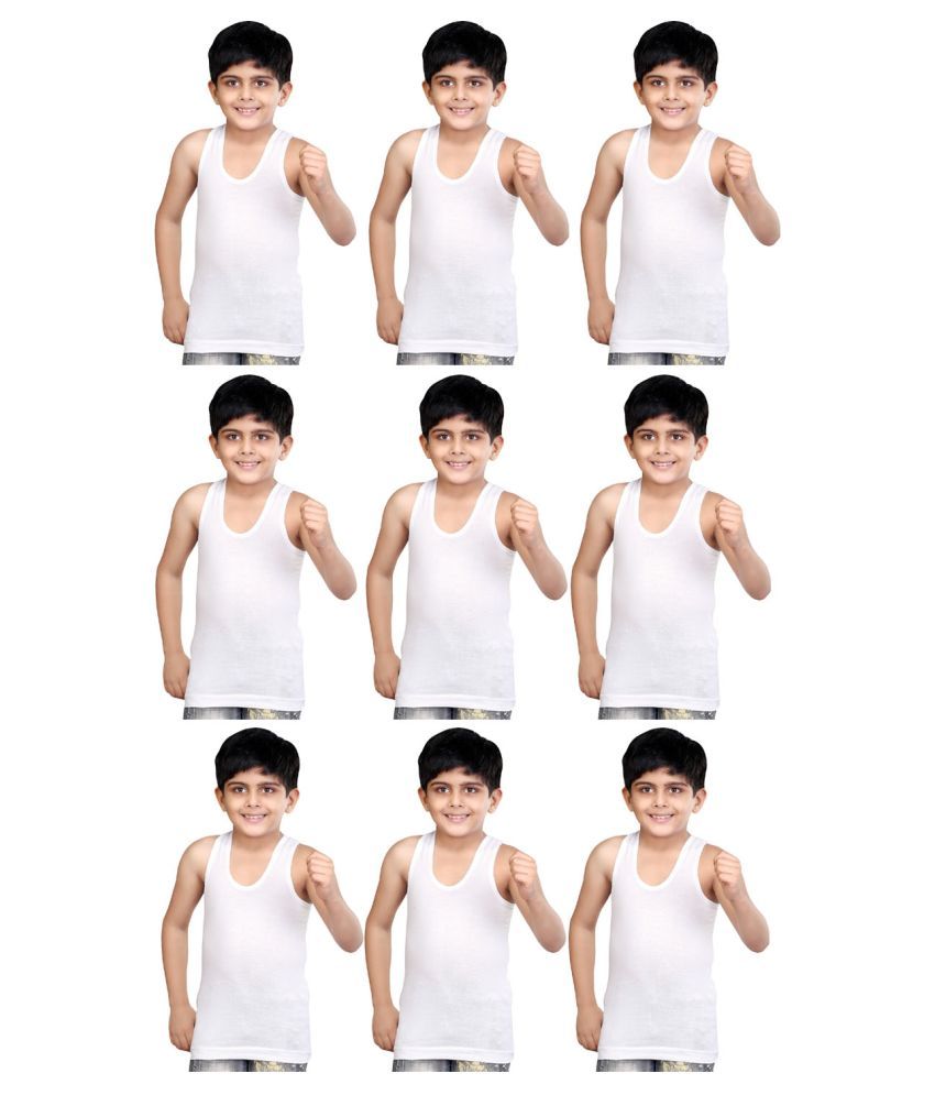     			Rupa Jon Cotton White Sleeveless Vests for Kids/Boys - Pack of 9