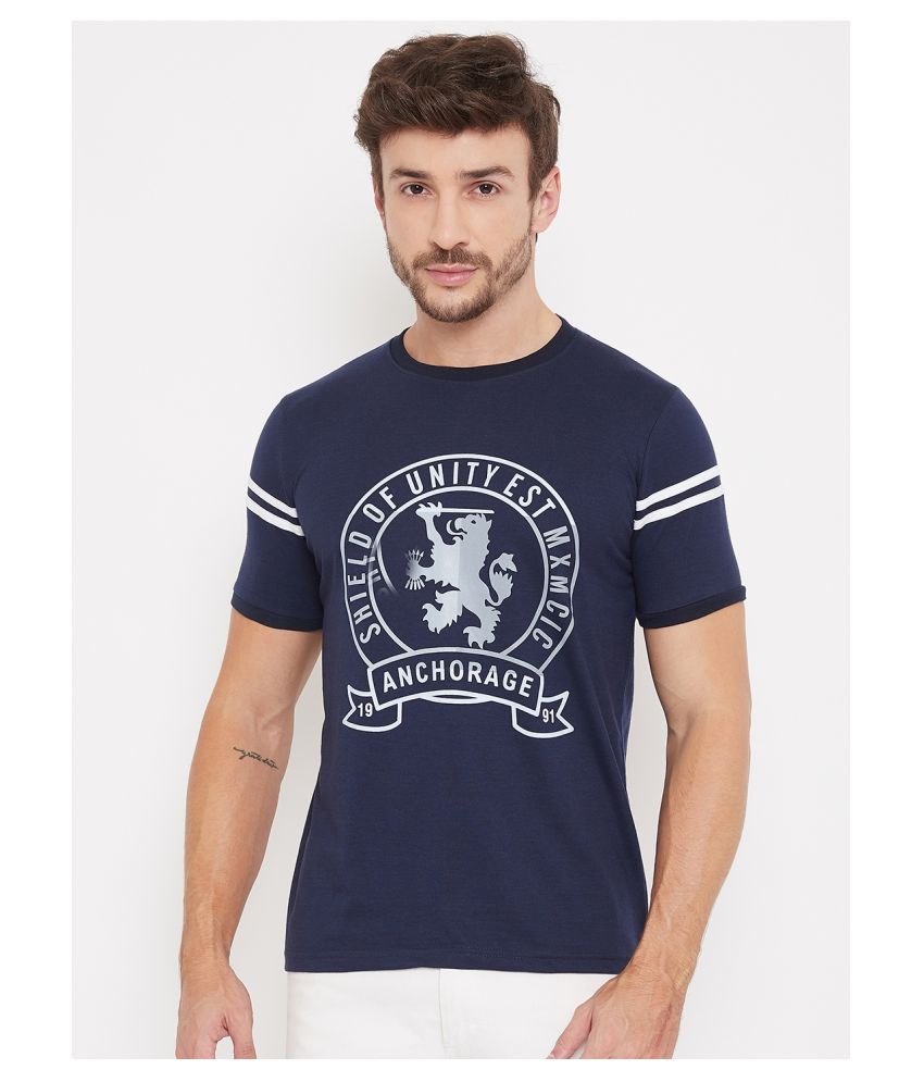 BISHOP COTTON Cotton Lycra Navy Blue Printed T-Shirt