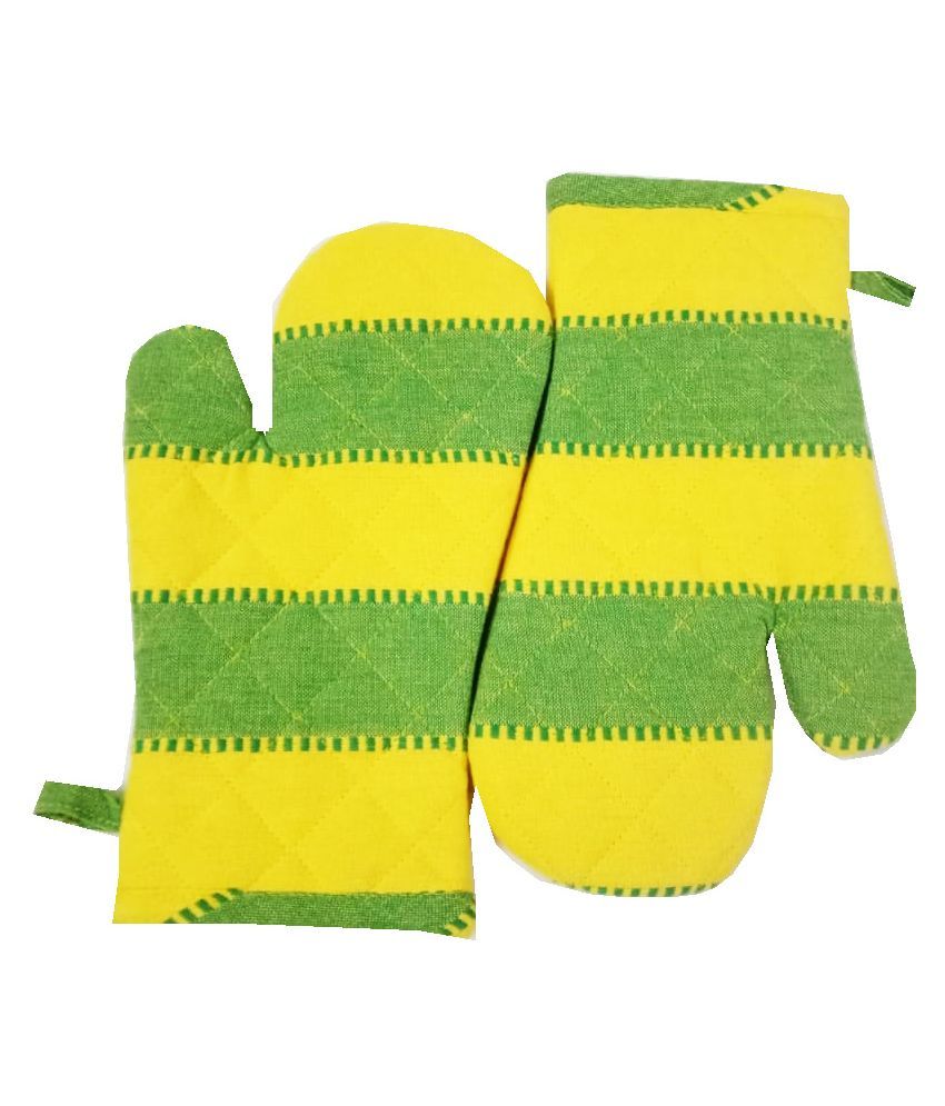     			Tidy Green with Yellow Color Stripes Design Cotton Oven Hand Glove - Pack of 2pcs