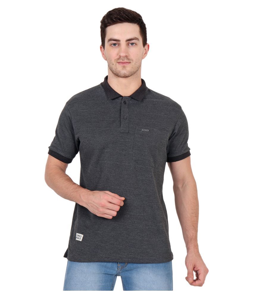     			xohy Cotton Blend Grey Plain Polo T Shirt