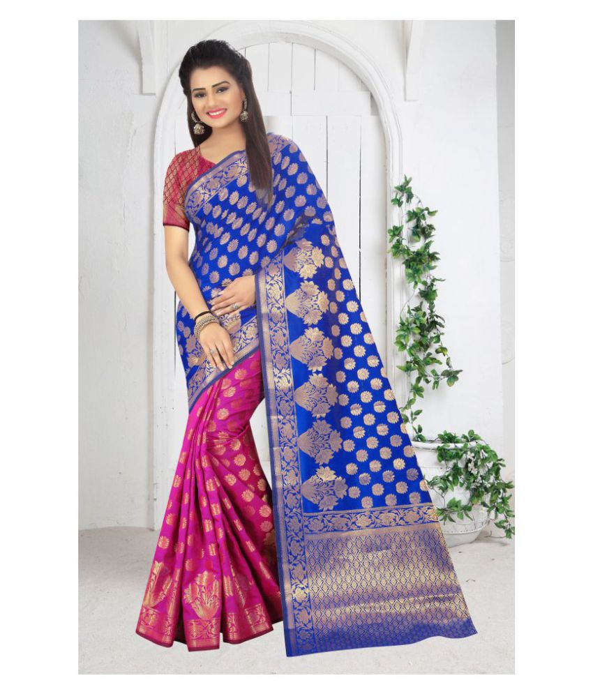     			Gazal Fashions Blue,Pink Banarasi Silk Saree
