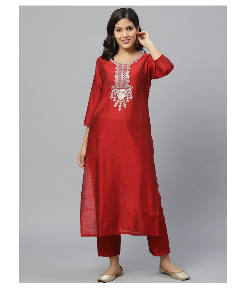     			KSUT Red Silk Straight Kurti