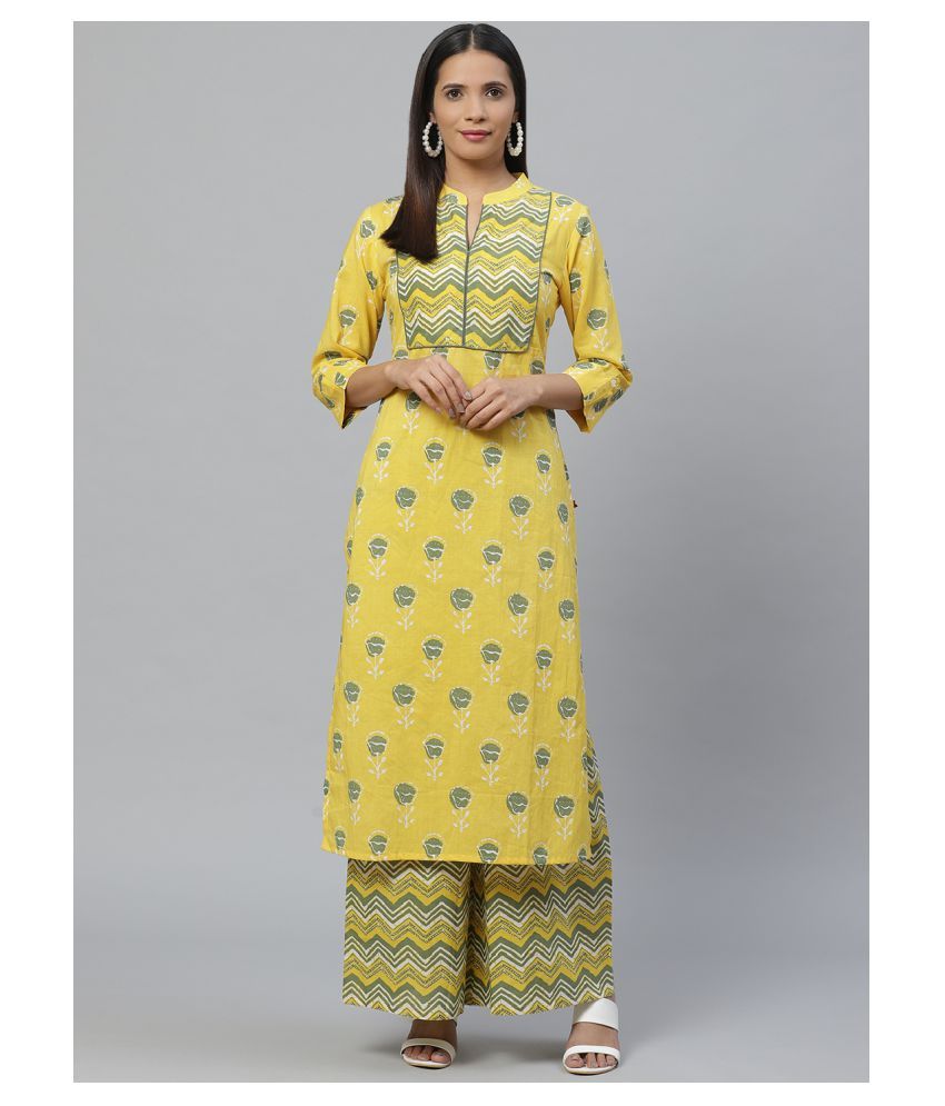     			KSUT Yellow Cotton Blend Straight Kurti