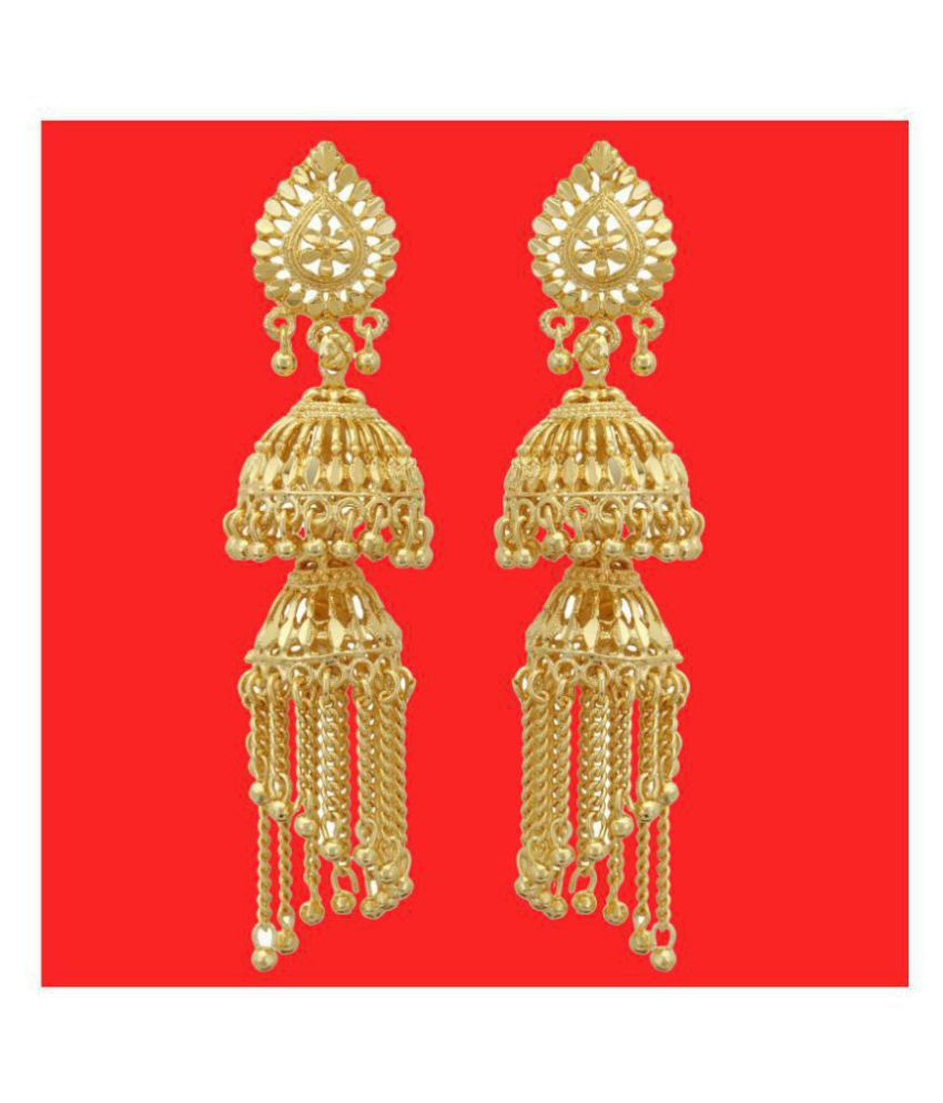 Aadiyatri Gold Plated Princess Dazzle Brass Partwear Bridal Jhallar Taselled Jhumka