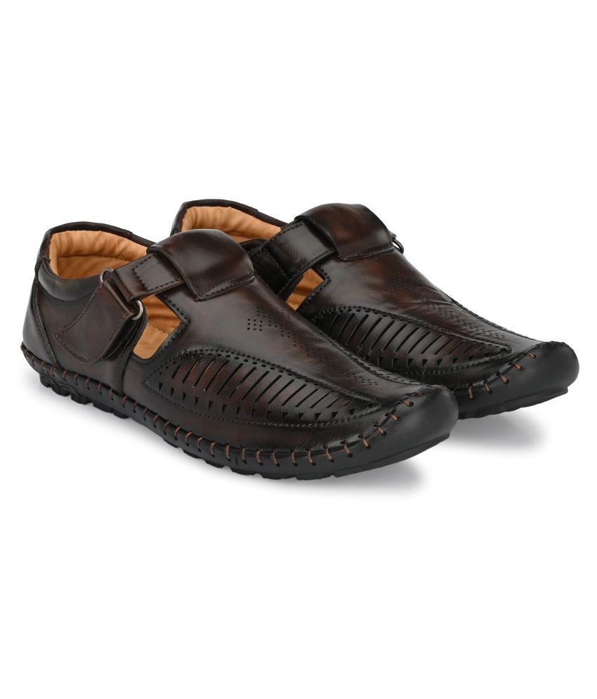 bucik men brown synthetic slip on leather sandals
