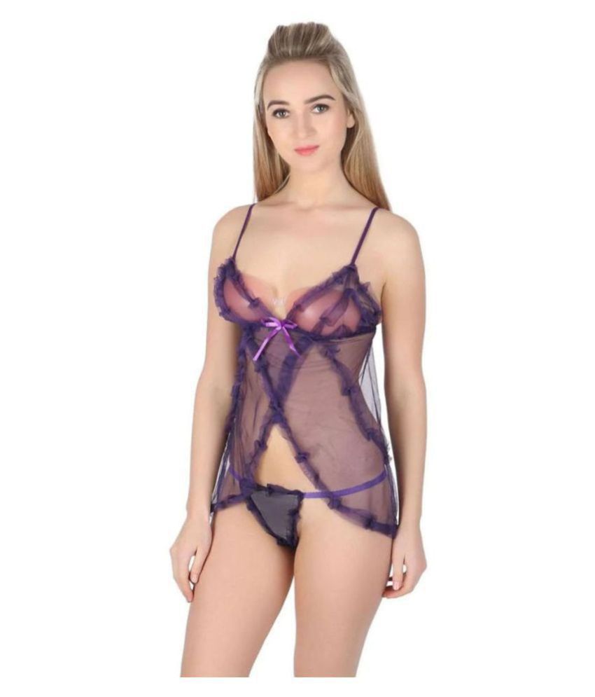     			Celosia Net Baby Doll Dresses With Panty - Purple