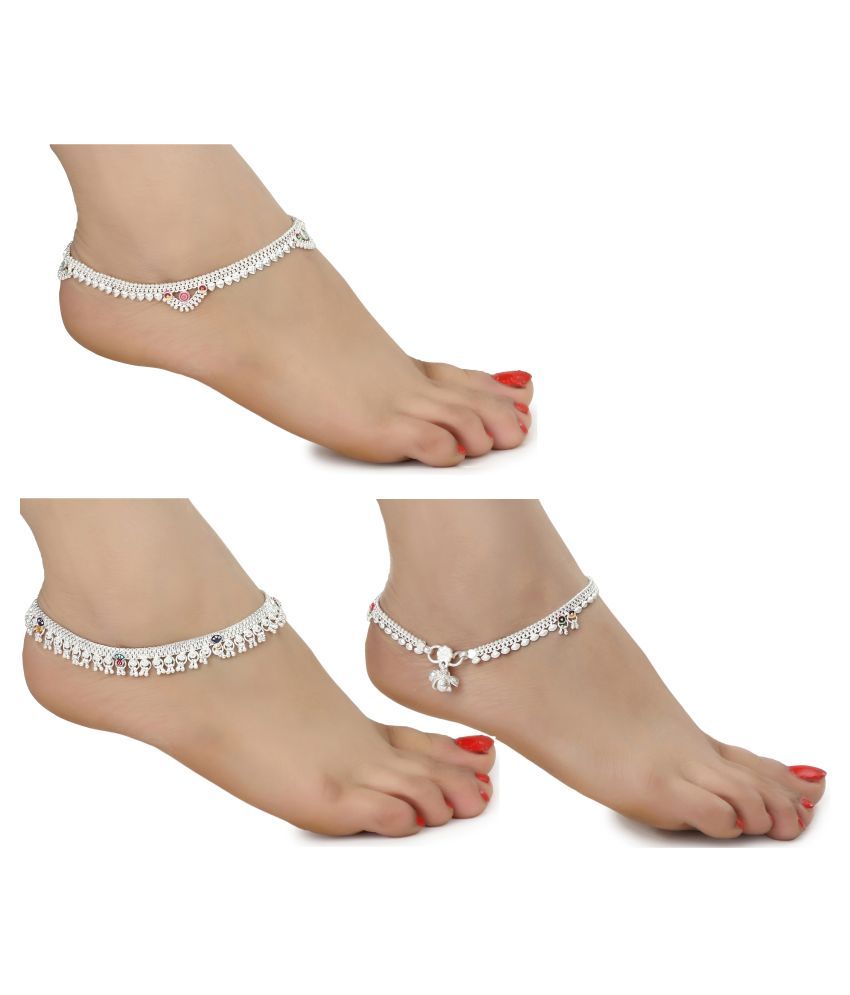     			AanyaCentric White Metal Artificial Payals Antique Stylish Latest Design Traditional Anklets in Silver Plating for Woman and Girl (Set of 3 Pairs)