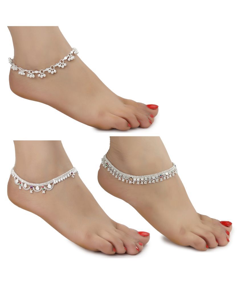     			AanyaCentric White Metal Artificial Payals Antique Stylish Latest Design Traditional Anklets in Silver Plating for Woman and Girl (Set of 3 Pairs)