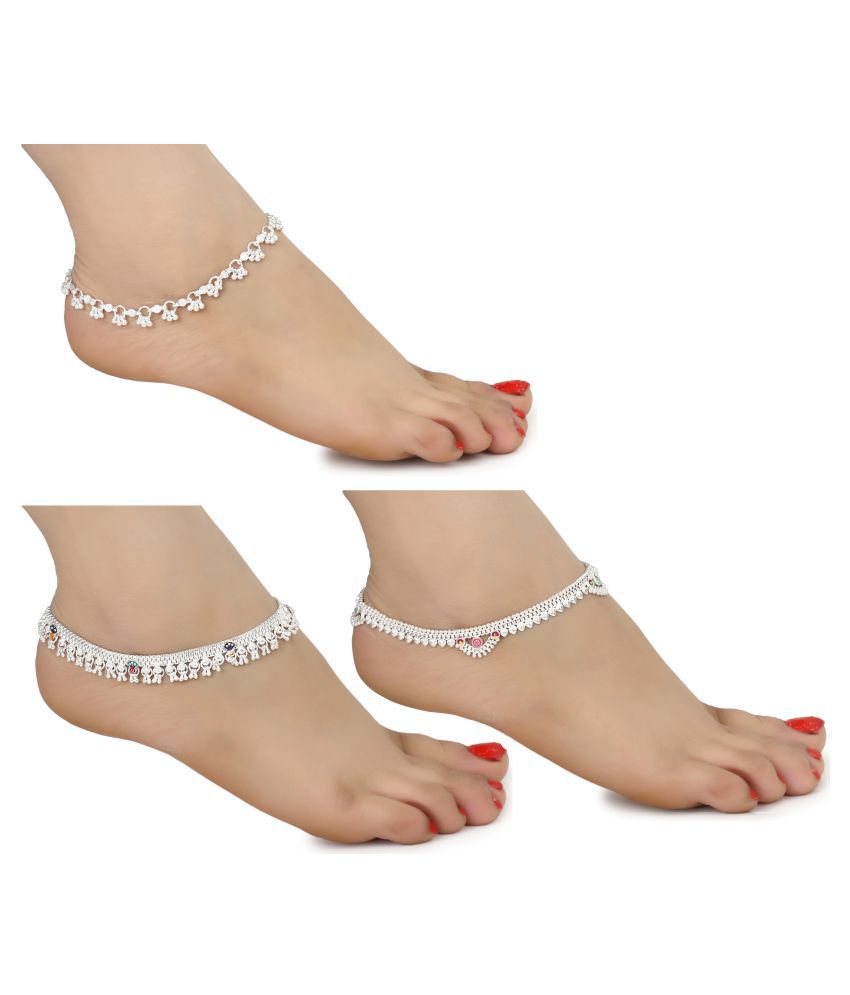     			AanyaCentric White Metal Payal Alloy Imitation Trendy Fancy Stylish Latest Design Silver Plated Anklets Combo for Girls and Women (Pack of 3 Pair)