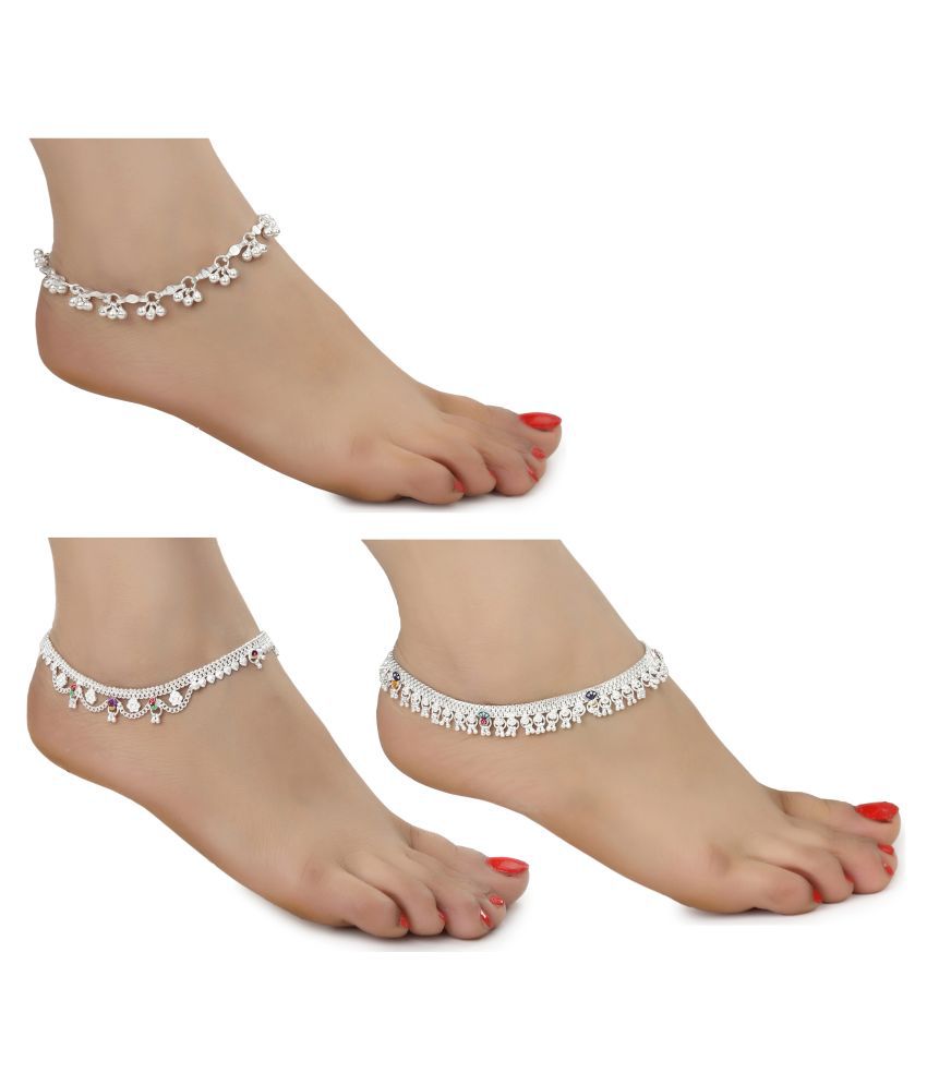     			AanyaCentric White Metal Payal Alloy Imitation Trendy Fancy Stylish Latest Design Silver Plated Anklets Combo for Girls and Women (Pack of 3 Pair)