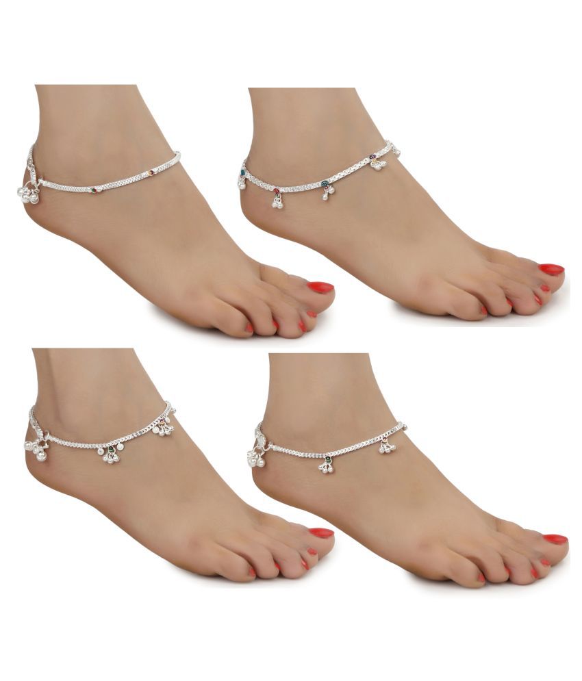     			AanyaCentric White Metal Payal High Quality Alloy Imitation Trendy Fancy Stylish Latest Design Silver Plated Anklets Combo for Girls and Women (Pack of 4 Pair)