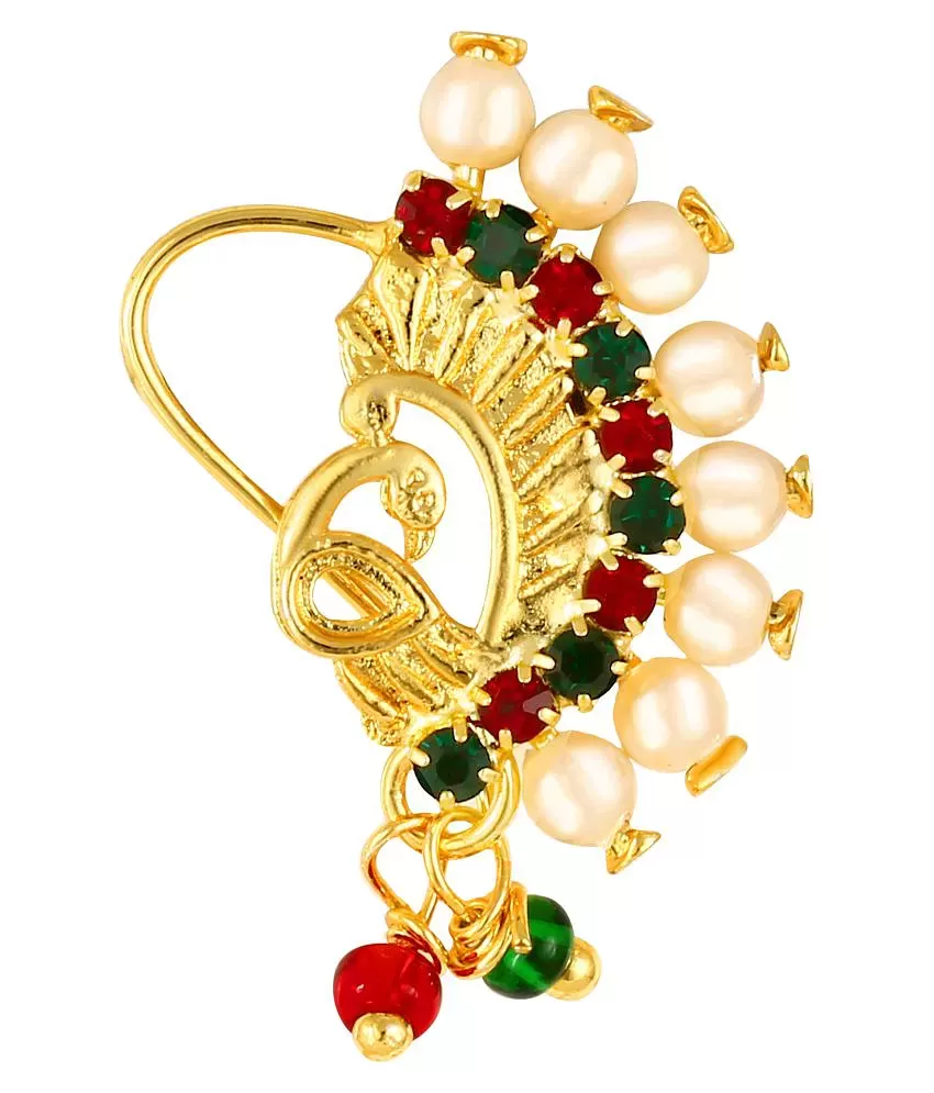 Buy The Opal Factory Metal Gold Plated Combo Jewellery of Traditional  Rajasthani Peacock Nathiya, Nose Ring with Pearls Chain Maang Tikka in  Kundan, Meenakari Multicolour for Women, Girls (Red) Online at Best