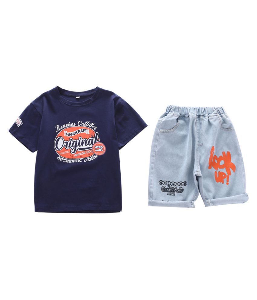Hopscotch Boys Cotton And Fiber Half Sleeves Cool Art Printed T-Shirt And Jeans Set in Blue Color For Ages 7-8 Years (SYB-3122760)