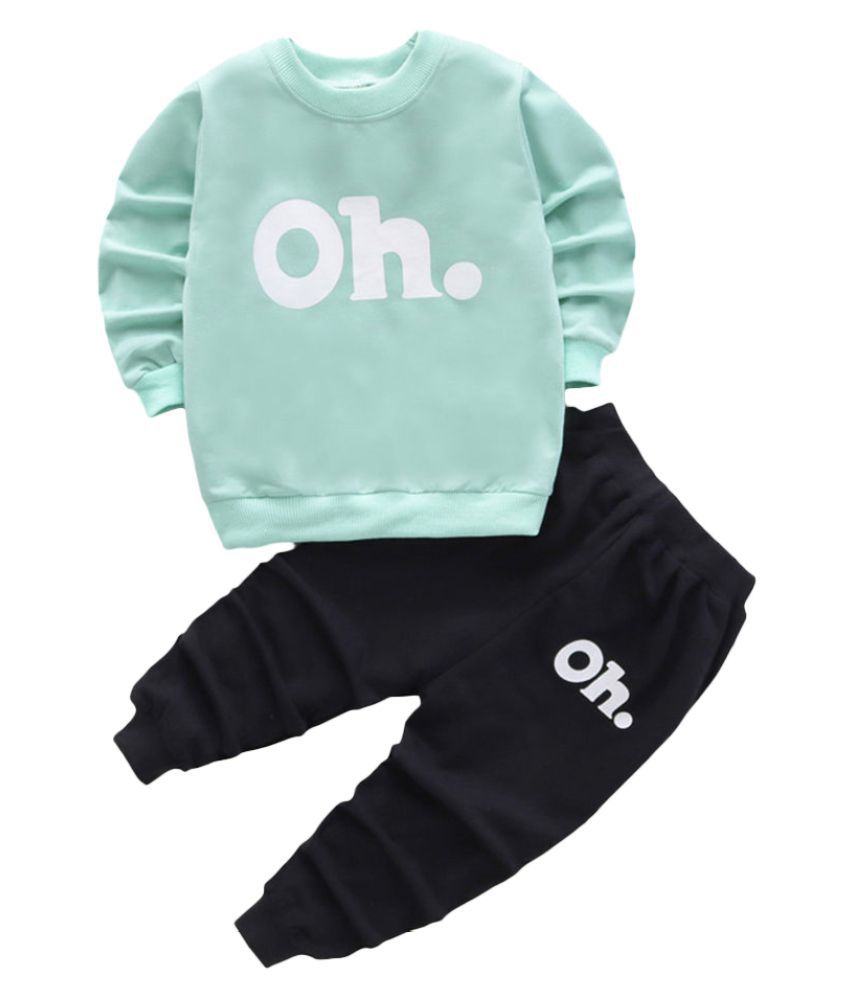 Hopscotch Boys and Girls Cotton And Spandex Full Sleeves Text Printed Sweatshirt And Jogger Set in Green Color For Ages 4-5 Years (MSR-3165410)