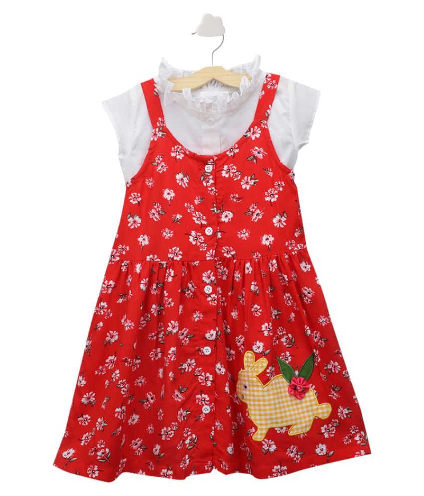 Hopscotch Girls Cotton And Spandex Printed And Embroidered Pinafore Set With Blouse in Red Color For Ages 2-3 Years (SE-3336585)