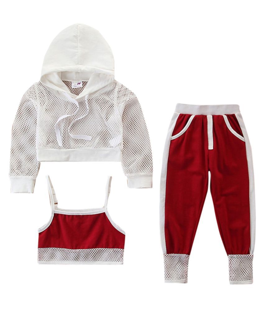 Hopscotch Girls Cotton Solid Full Sleeves Hoodie And Pant Set in Red Color For Ages 5-6 Years (SB9-3109323)