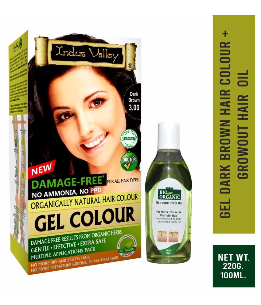 Indus Valley Growout Hair Oil With Gel Natural Permanent Hair Color Dark Brown Combo Pack