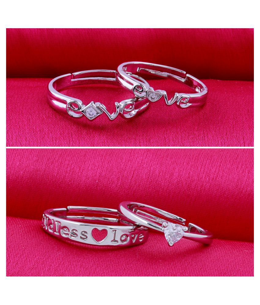     			Silver Plated  Adjustable Couple Rings Set for lovers Solitaire for Men and Women 2 Pair