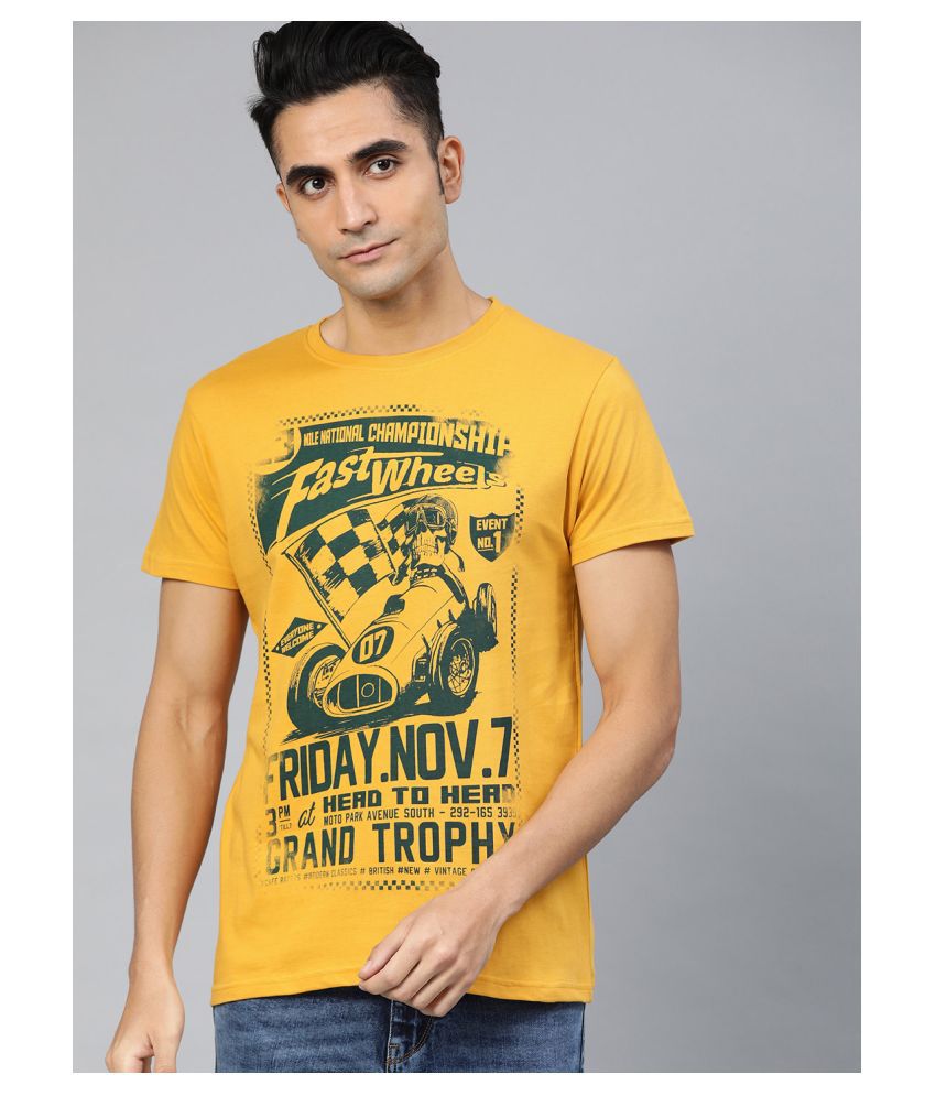     			Conditions Apply Cotton Yellow Printed T-Shirt
