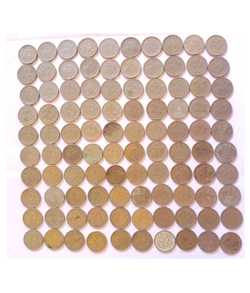     			100 COINS LOT - 25 Naye Paisa / Paisa 1958-1963 / 1964-1966 Nickel • 2.42 g • ⌀ 18.7 mm - CIRCULATED CONDITION - INDIA