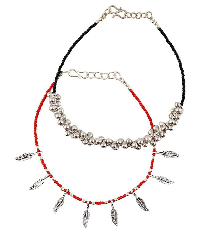     			Black & Red Leaf and Ghungroo Beads Oxidised Silver Anklet Nazariya Combo for Women and Girls