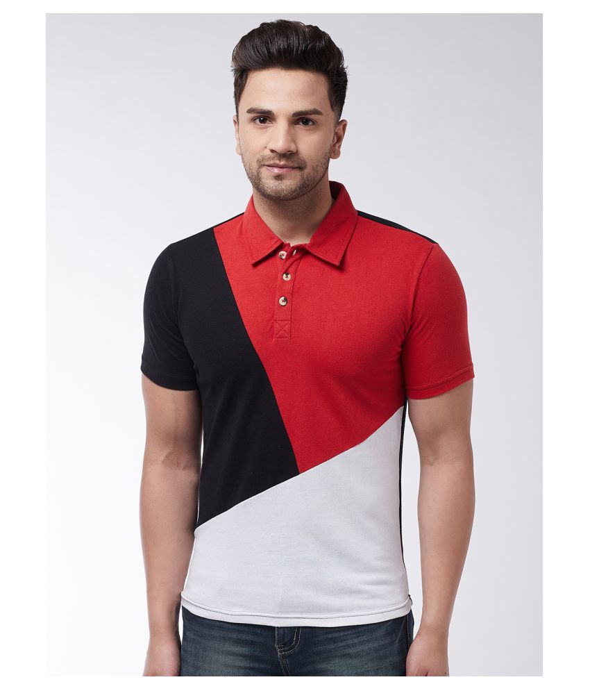 Gritstones Cotton Blend Red Color Block Polo T Shirt