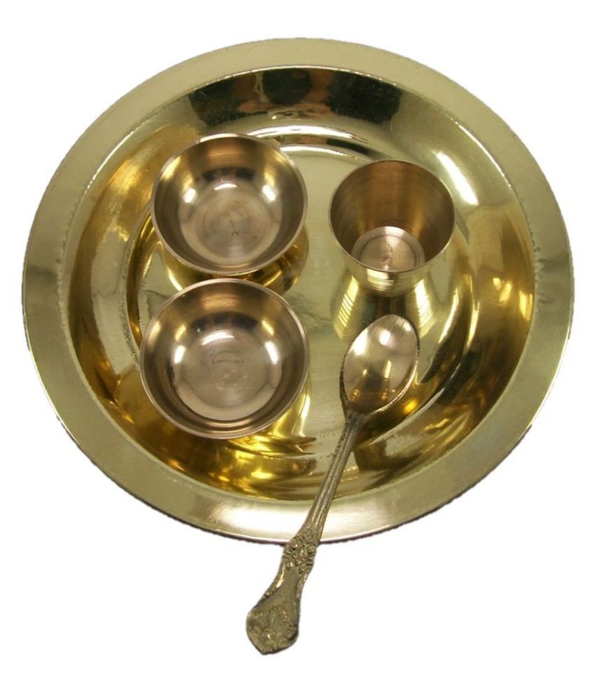     			Laddu Gopal Bhog Thali Set, Bhog Bartan for Puja (1 Set, Brass) (5 Pieces, Gold) Size 6 inch