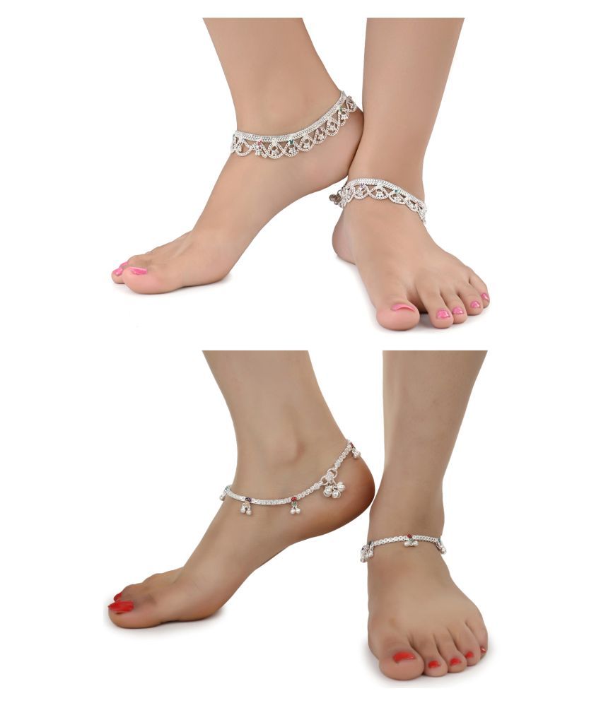     			AanyaCentric Combo of 2 Pair Silver Plated White Metal Indian Traditional Ethnic Payal Anklets