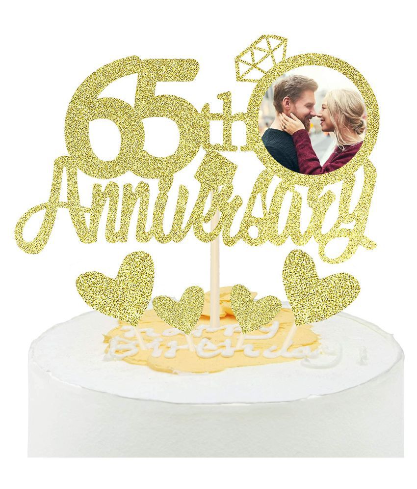     			Gold Glitter 65th Anniversary Cake Topper with Diamond Ring Heart Cake Decorations Set for 65th Wedding Graduation Retirement Company Celebration Party - Pack of 5