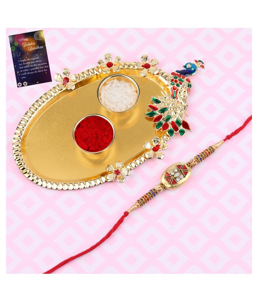     			Stylish Designer Look  Rakhi For  Bhaiya/Brother/Bhai With Roli Chawal And 1 Greeting Card 1 Kankawati Pooja Thali