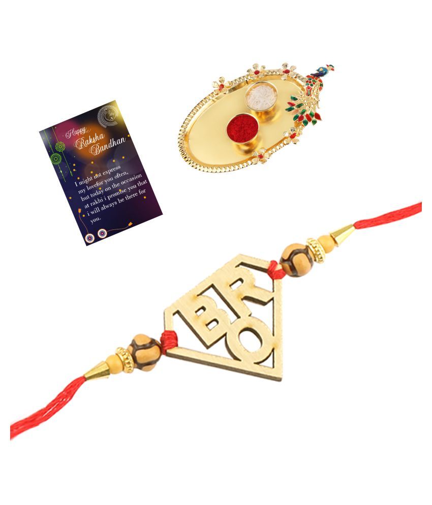     			Stylish  Bhaiya Rakhi " BRO" Designer Pendent  For Bhaiya/Brother/Bhai With Roli Chawal And 1 Greeting Card 1 Kankawati Pooja Thali