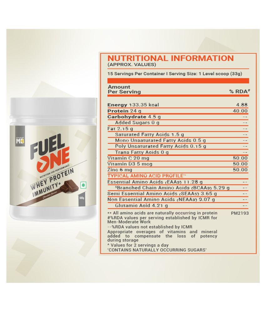 MuscleBlaze Fuel One Whey Protein, 24 g Protein, 5.29 BCAA, 4.2 g Glutamic  Acid (Chocolate, 500 g / 1.1 lb, 15 Servings): Buy MuscleBlaze Fuel One  Whey Protein, 24 g Protein, 5.29