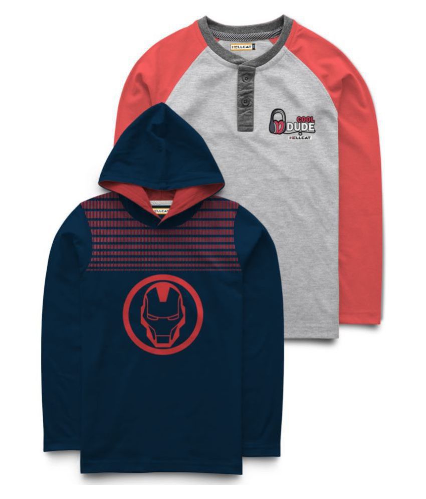     			HELLCAT Blue and Grey Henley Neck & Hoodie Full Sleeve T-shirts Pack of 2