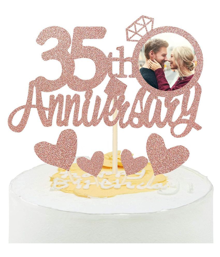     			Rose Gold Glitter 35th Anniversary Cake Topper with Diamond Ring Heart Cake Decorations Set for 35th Wedding Graduations, Retirement Company Celebration Party - Pack of 5