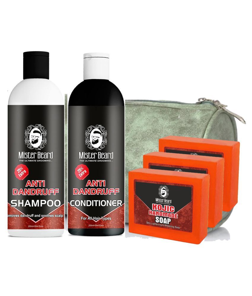 MISTER BEARD Anti Dandruff Shampoo, Conditioner, Kojic Soap 3 Pcs And Bag Shampoo 200 mL Pack of