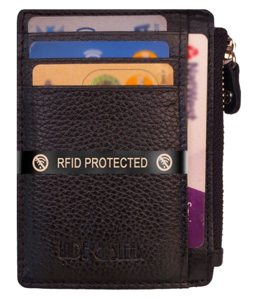     			Hide&Sleek RFID Protected Genuine Brown Leather Side Zip Card Holder