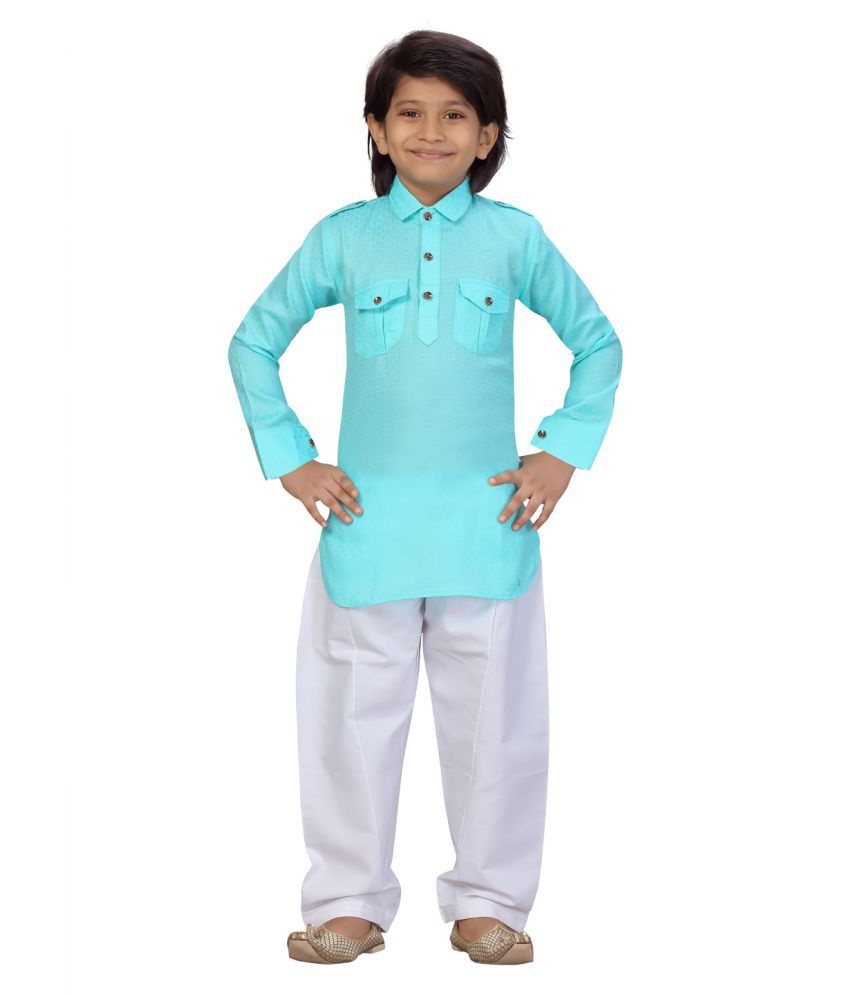 Little Mafia By Aarika Boys Firozi-White Color Pathani Kurta Pyjama Set