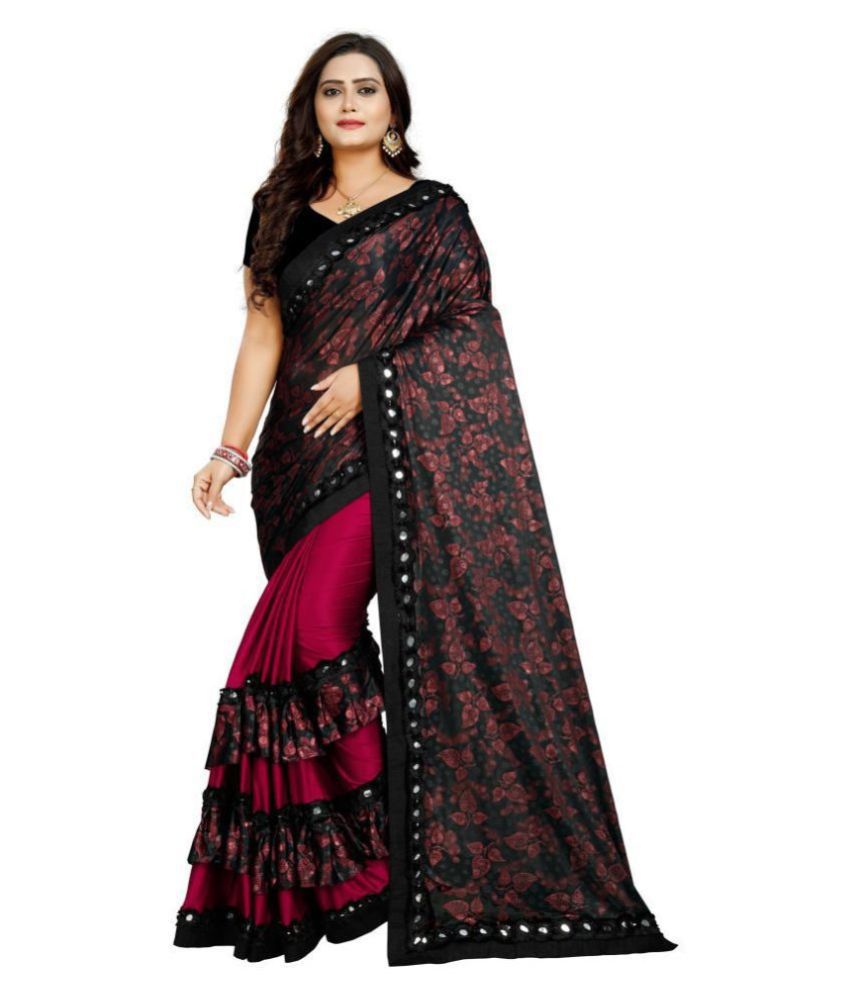 Omfabrics76 Maroon Lycra Printed Party Wear Saree with Blouse piece