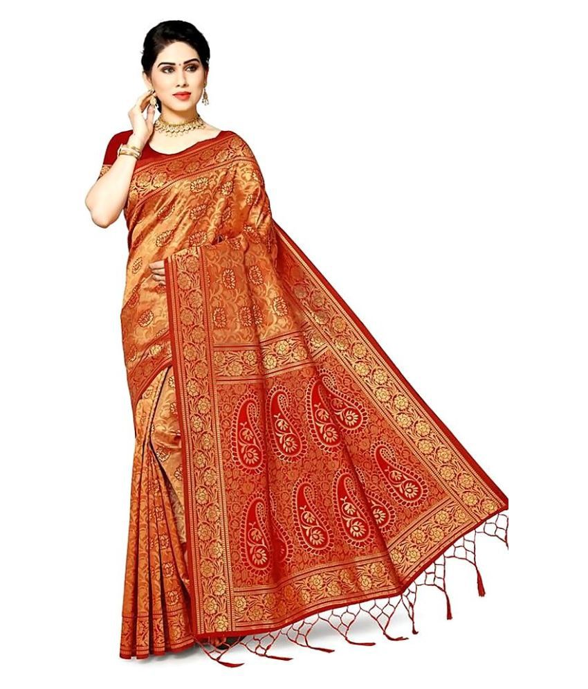 NENCY FASHIONS - Red Silk Blend Saree With Blouse Piece (Pack of 1)