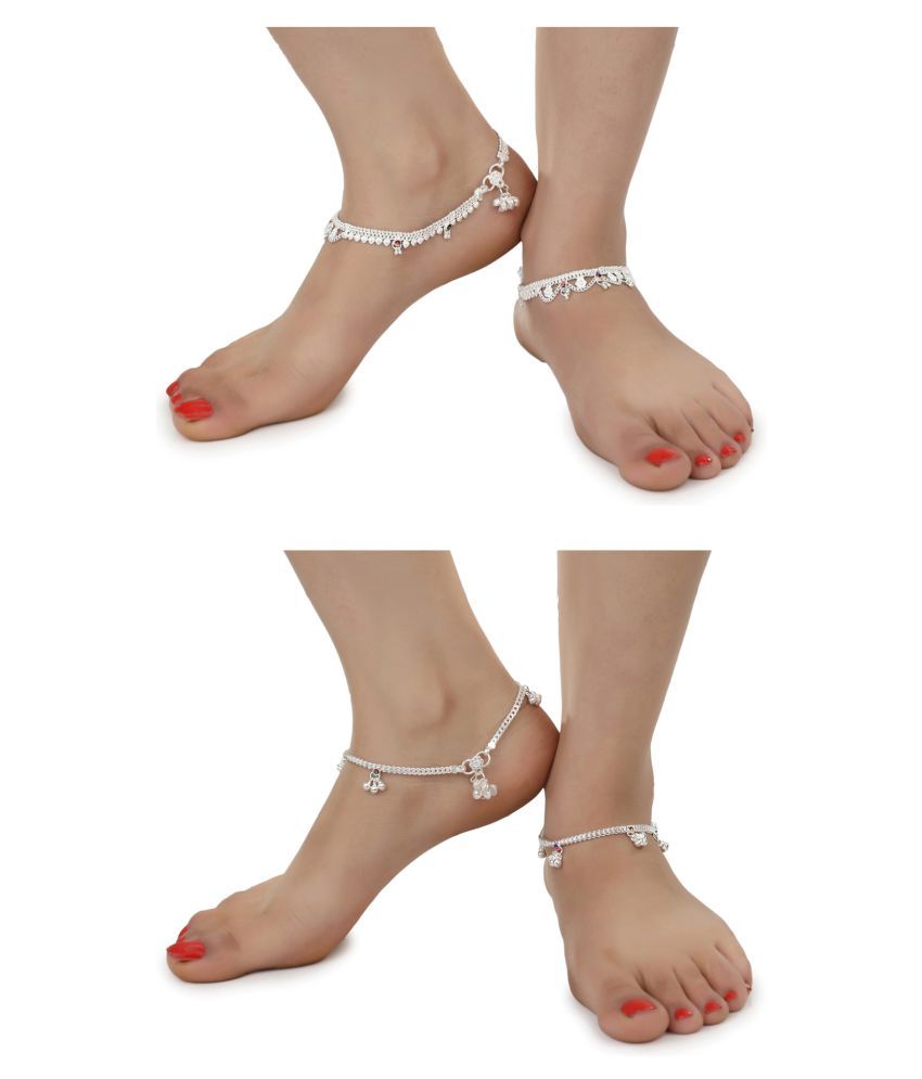     			AanyaCentric Combo of 2 Pair Silver Plated White Metal Indian Traditional Ethnic Payal Anklets