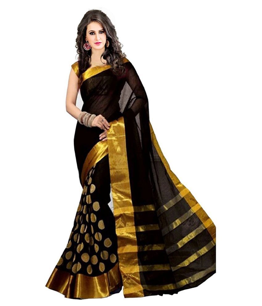 Bhuwal Fashion Black Cotton Silk Embroidered Party Wear Saree With Blouse Piece