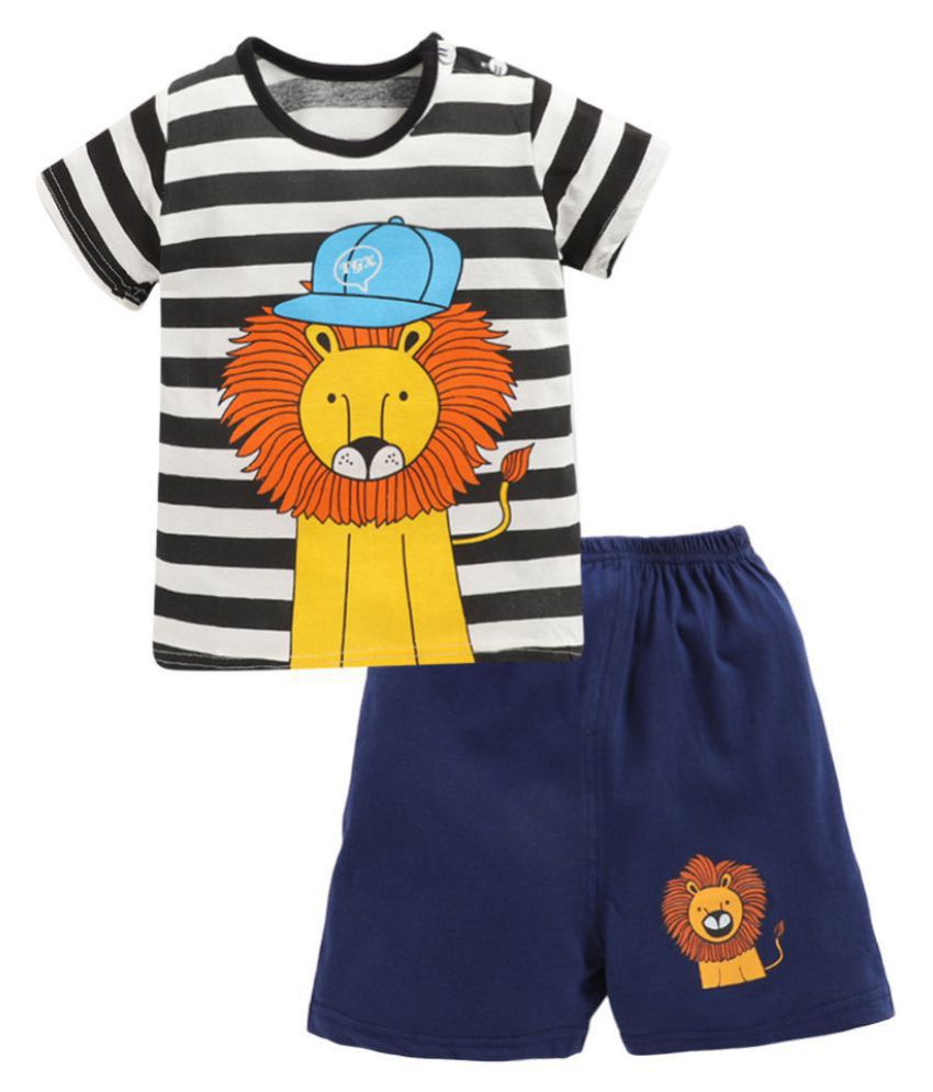 Hopscotch Boys Cotton Lion Applique Half Sleeve T-Shirt And Short in Black Color For Ages 2-3 Years (TGX-3074821)