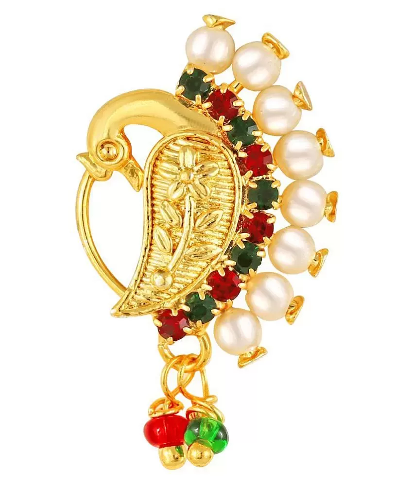 Buy Vail Creations Traditional Maharashtrian Nath Multicolour Gold Plated  With Piercing Nose Ring Pin for Women Size- 3 cm at Amazon.in