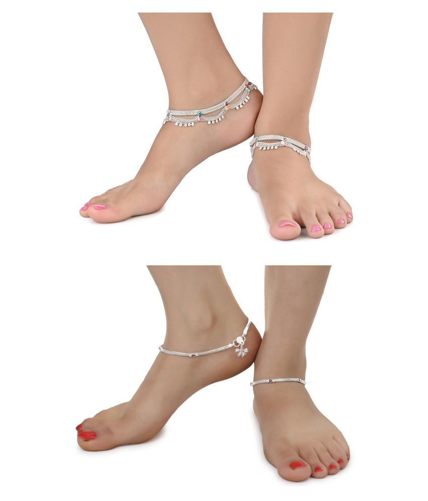     			AanyaCentric Combo of 2 Pair Silver Plated White Metal Indian Traditional Ethnic Payal Anklets