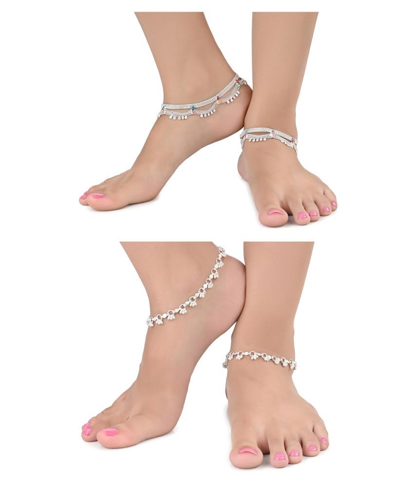     			AanyaCentric Combo of 2 Pair Silver Plated White Metal Indian Traditional Ethnic Payal Anklets