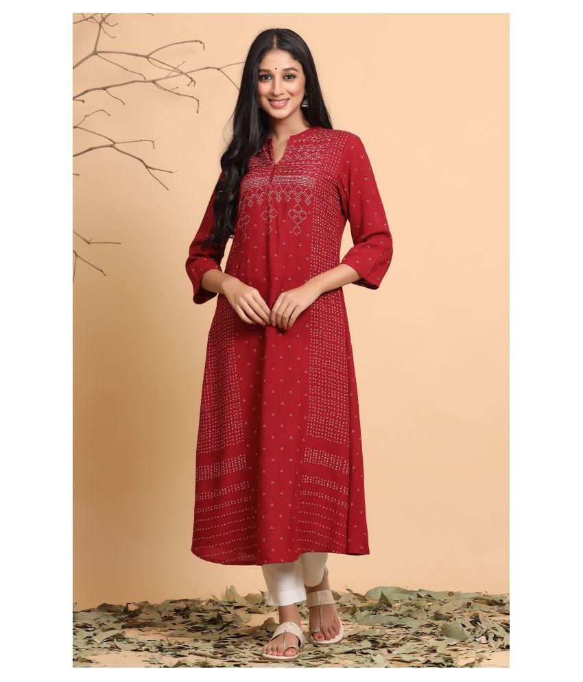     			Juniper Rayon Printed Straight Women's Kurti - Maroon ( Pack of 1 )