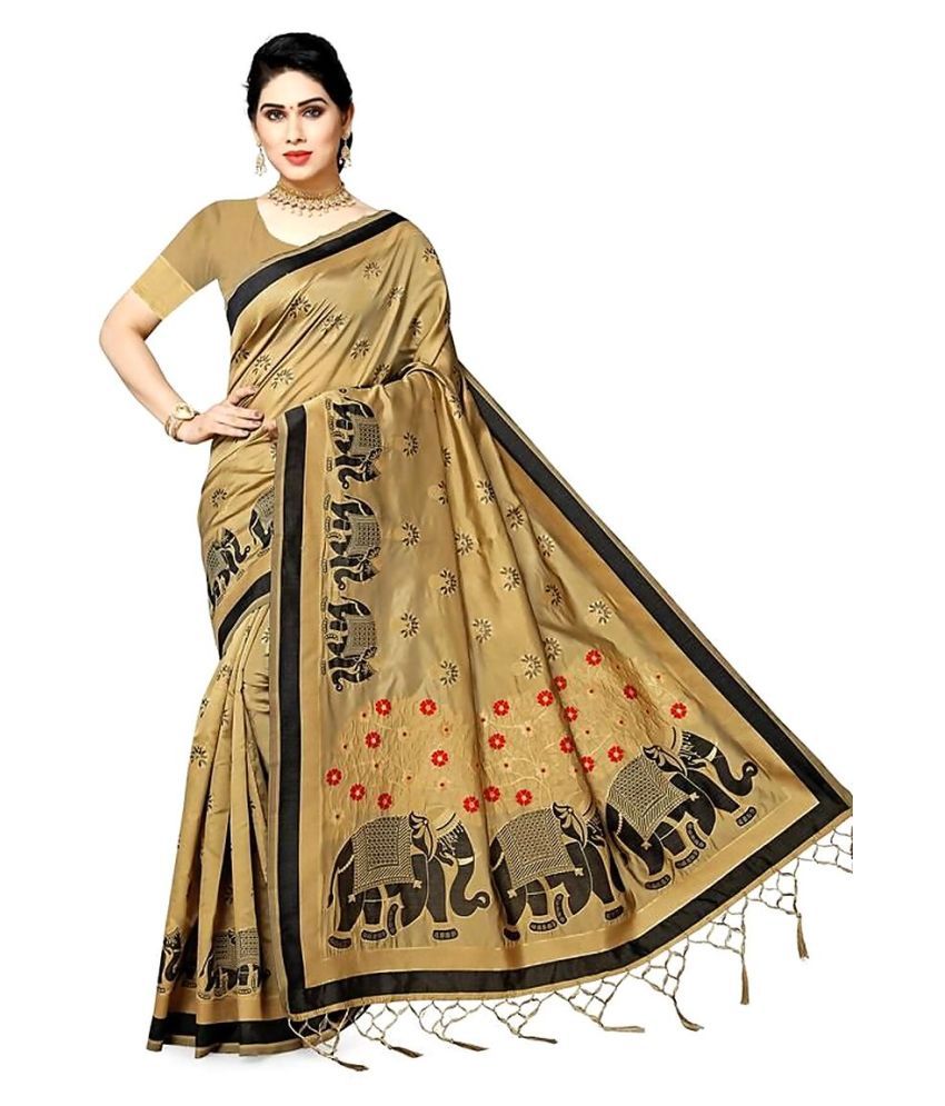 NENCY FASHION - Beige Cotton Blend Saree With Blouse Piece (Pack of 1)