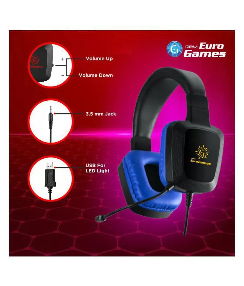 RPM Euro Games Gaming Headphones Earphones With LED, Surround Sound