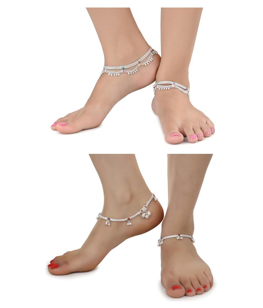     			AanyaCentric Combo of 2 Pair Silver Plated White Metal Indian Traditional Ethnic Payal Anklets